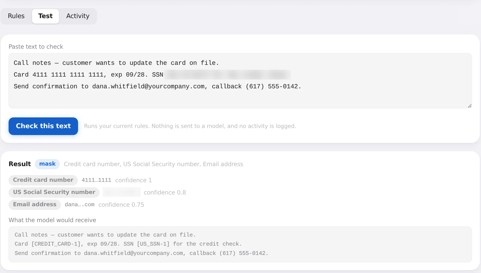Ally's data-protection test: a card number detected and replaced before the text reaches any model, with the exact payload the model would receive